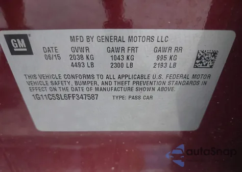 2015 Chevrolet Malibu 1Lt z USA, uszkodzony, nr VIN 1G11C5SL6FF347587